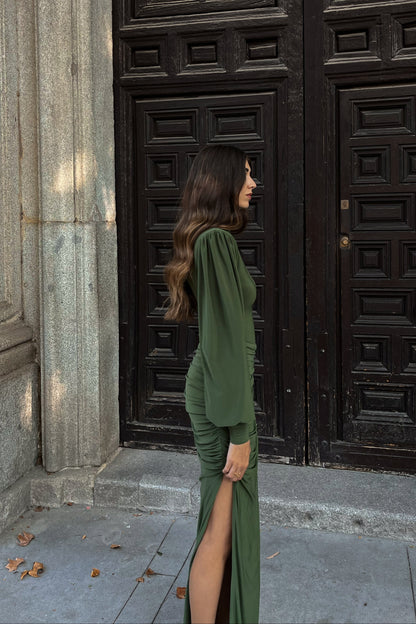 vestido-largo-verde-oliva-manga-abullonada-falda-abertura-1